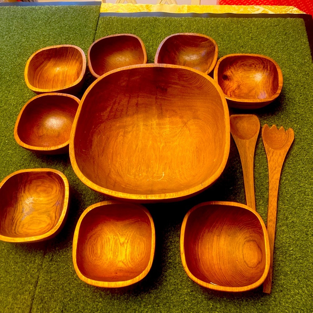 Vintage Teak Wood Salad Bowl and Wood Plates Set of 8